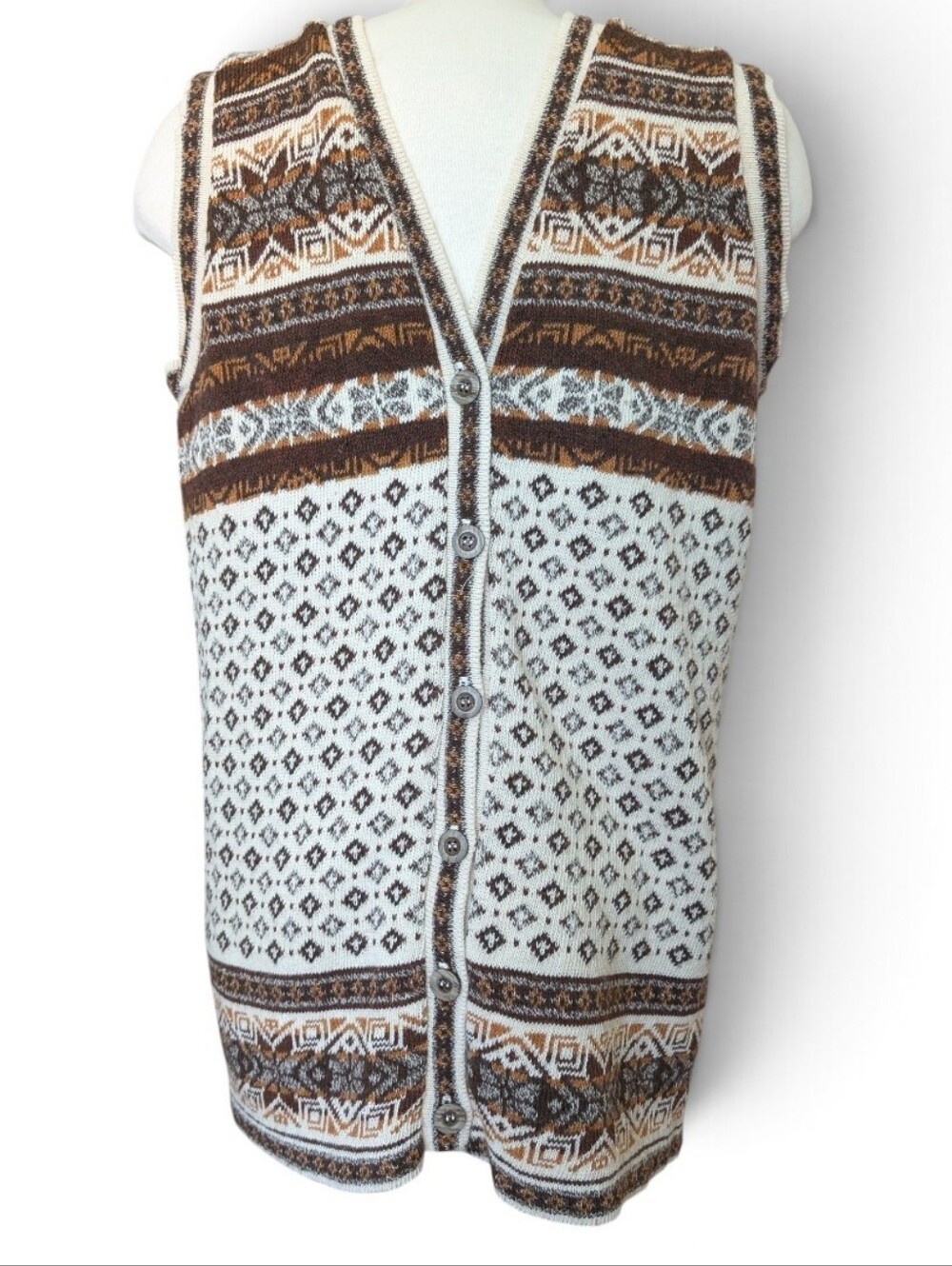 Vintage Men's Huntington Ridge Fair Isle Vest Size Medium Buttoned Brown Nordic